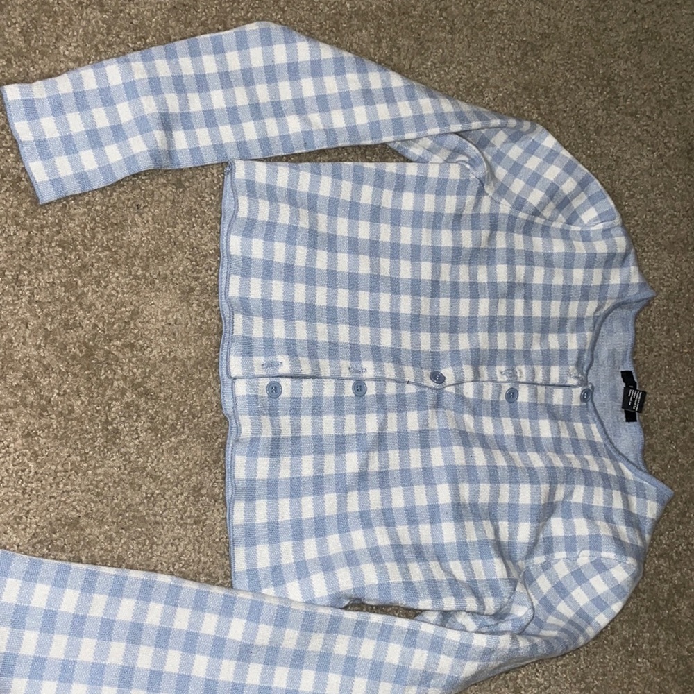 Blue and White Checkered Cropped Sweater